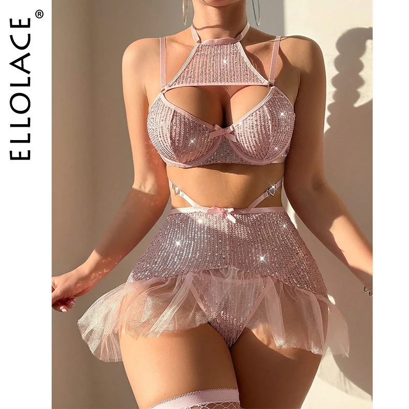 

Ellolace Sequin Lingerie 5-Piece Sparkly Sissy Garter Fancy Underwear Luxury Lace Halter Balcony Bra Pure Desire Exotic Sets