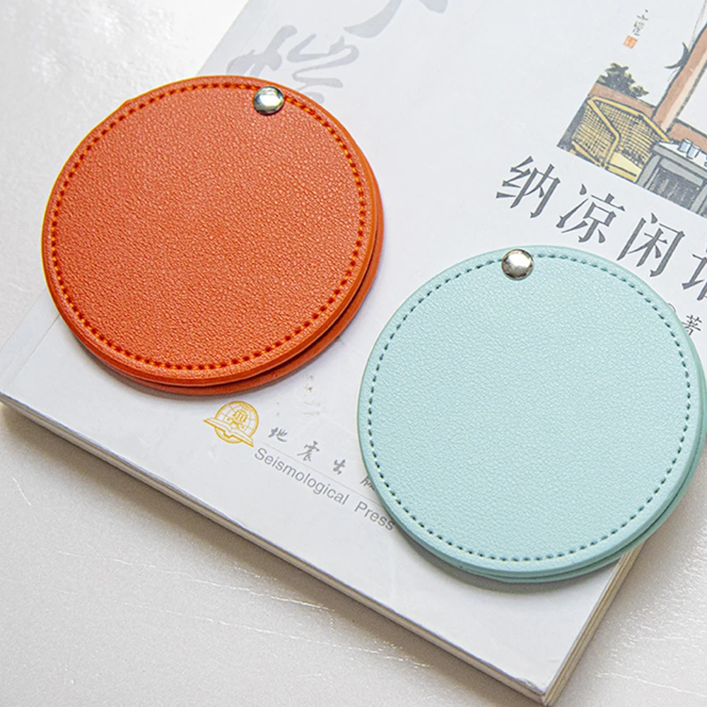 PU Leather Ultra-thin Round Makeup Mirror Stainless Steel Double-sided Cosmetic Mirror Folding Pocket Compact Mirror for Travel