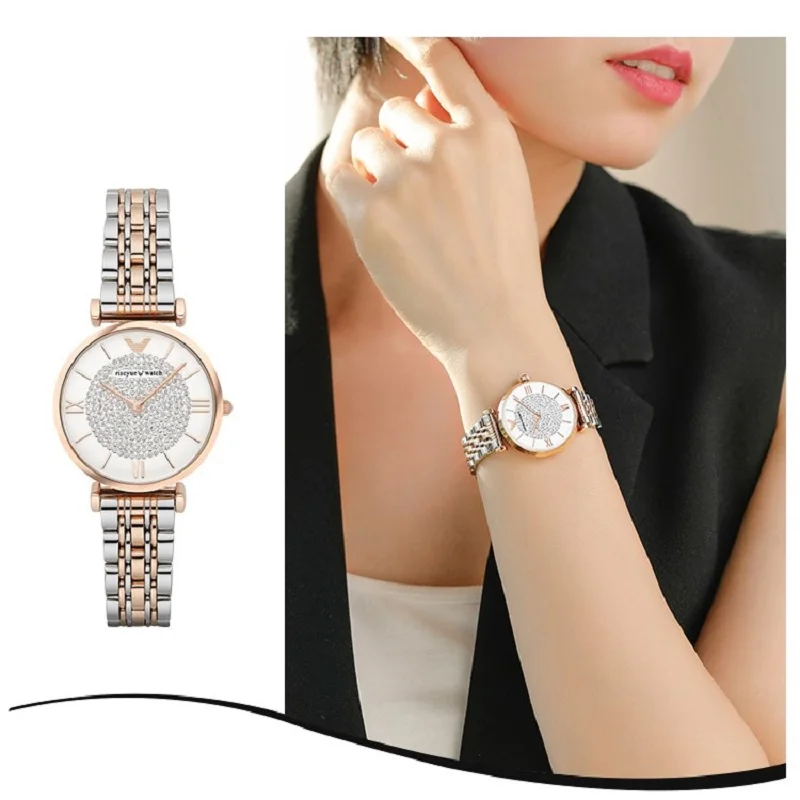 RISCYUE-Reloj de pulsera de cuarzo para mujer, cronógrafo con esfera romana, diamantes deslumbrantes, dos tonos de lujo, acero inoxidable