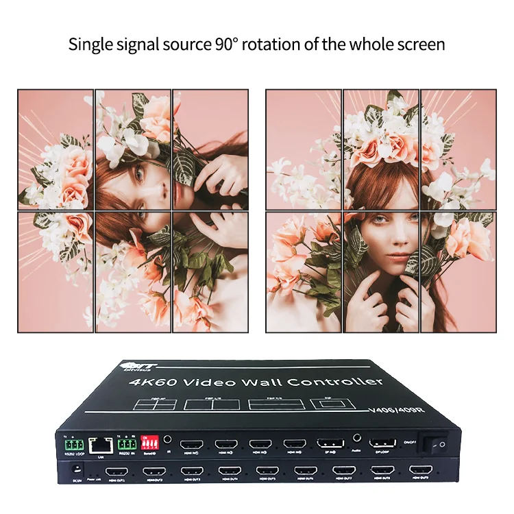 4K60 Rotating Video Wall Processor 5 in 9 Out, 4x HDMI + DP Input, 9x 1080p HDMI Output, DP Loop