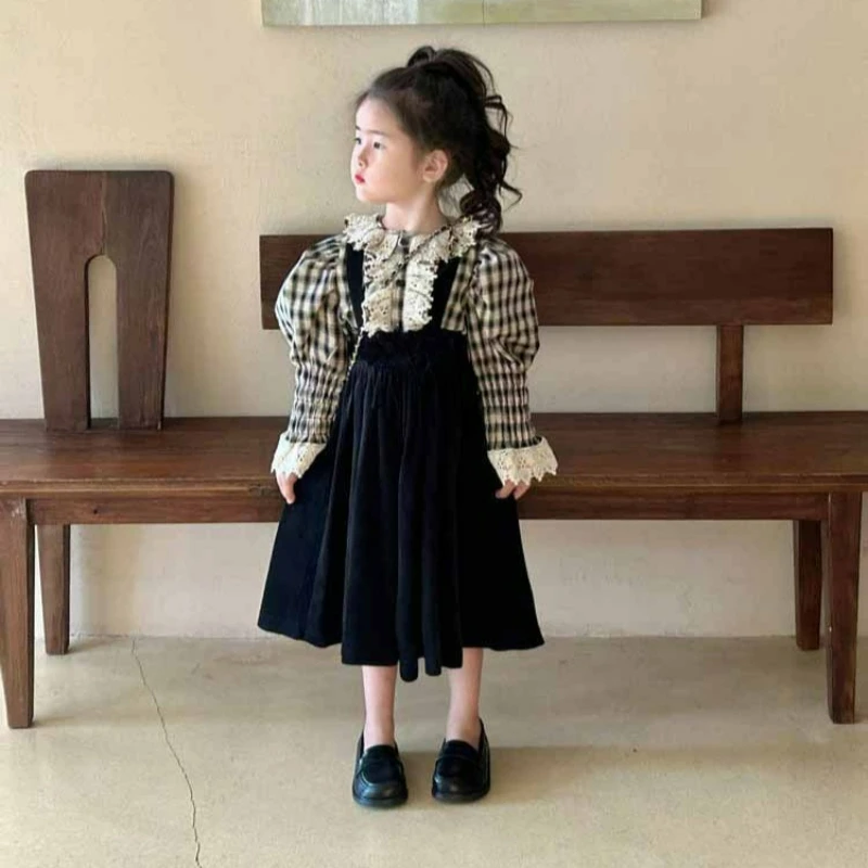 

Girls' Set Autumn New Palace Style Sub Shirt+velvet Overalls French British Style Temperament 2-piece Set for Children