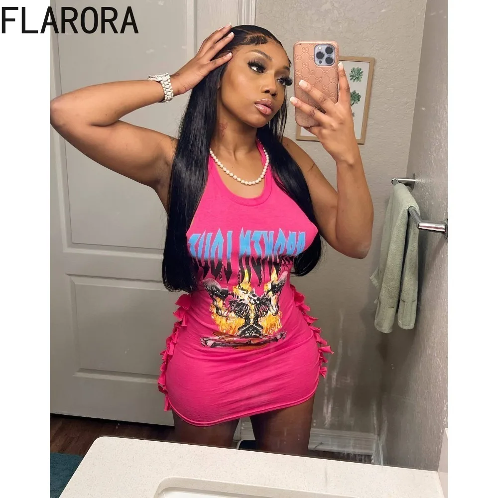 FLARORA Pink Y2k Graphic Print Dress Sexy Bodycon Backless Bandage Mini Dresses Hiphop Streetwear Woman Vestidos 2024 Summer New