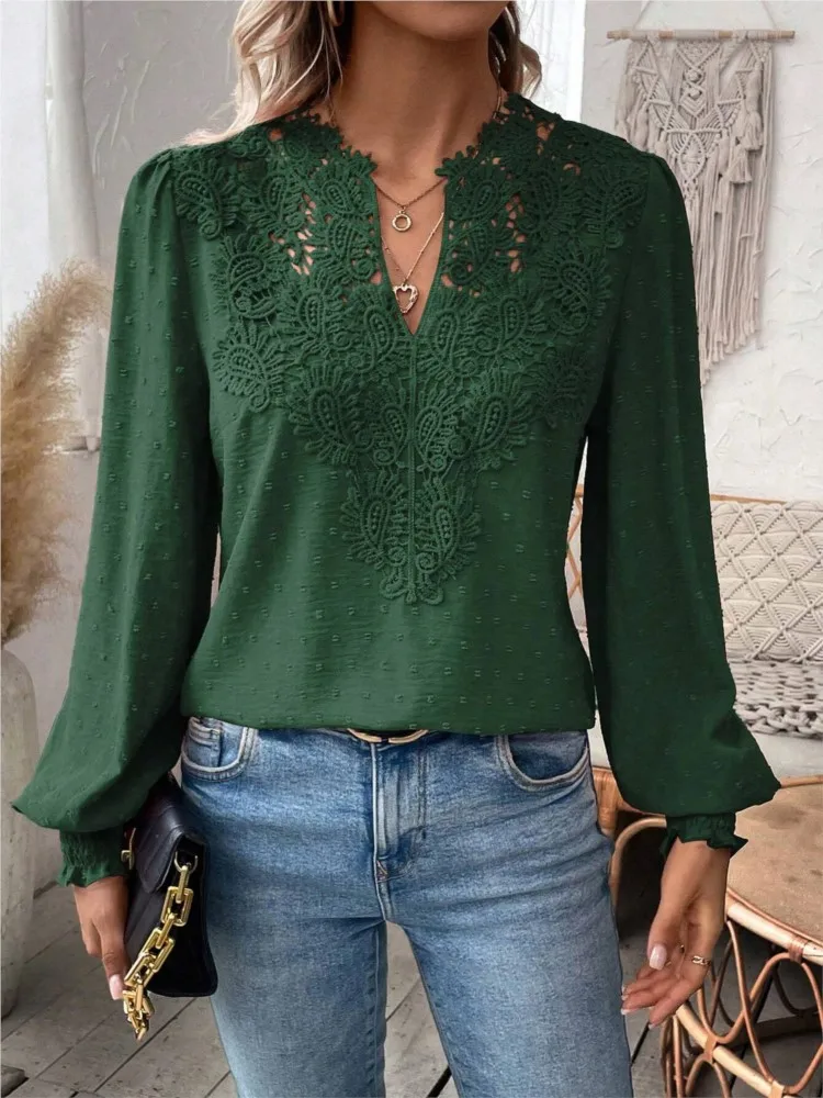 New Fashion Lace Solid Color V-neck Long Sleeve Shirt Casual Tops For Women 2024 Autumn Winter Elegant Office Lady Blouses Top