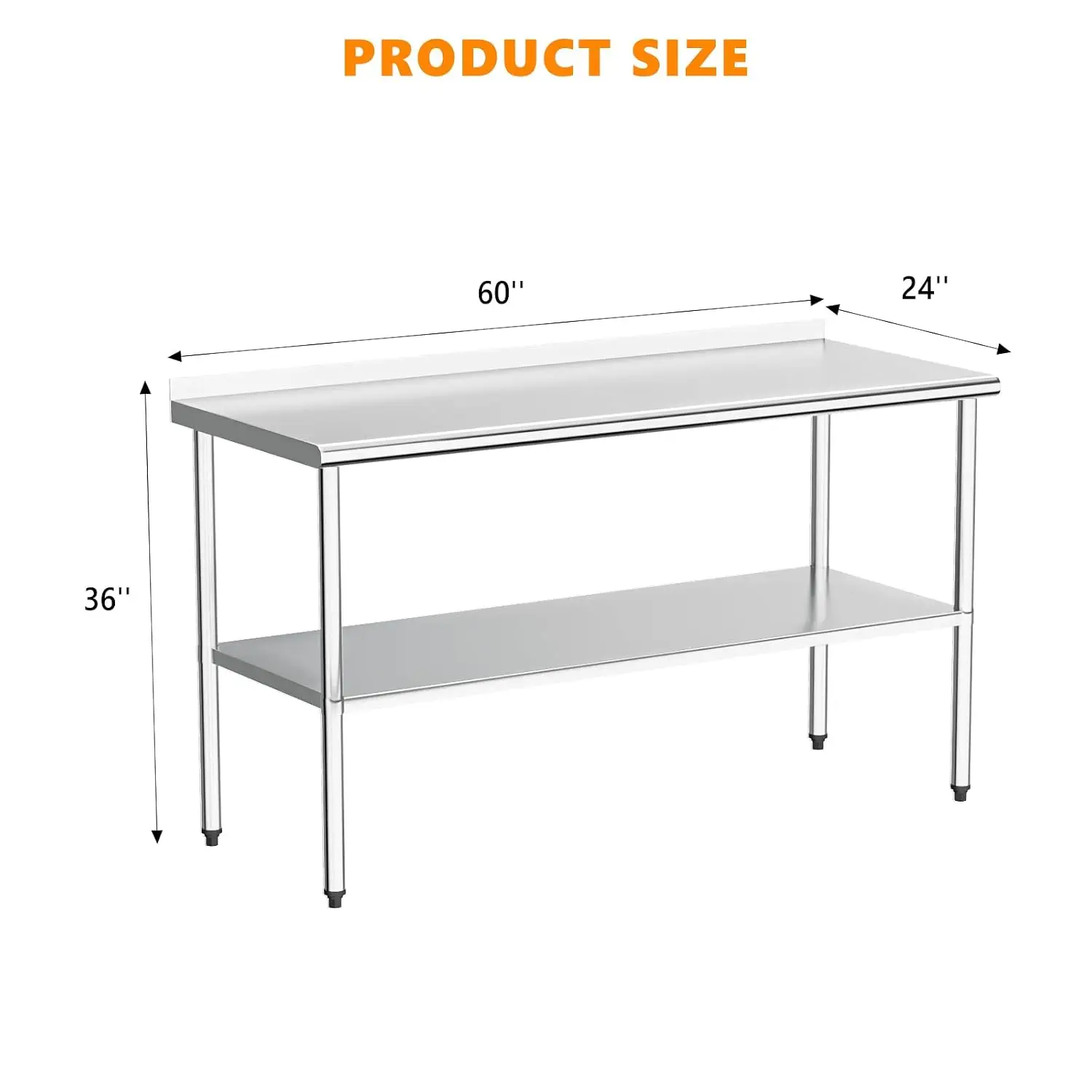 60x24 Inch Stainless Steel Prep Work Table NSF Heavy Duty Adjustable Shelf Backsplash for Kitchen Restaurant, Customized