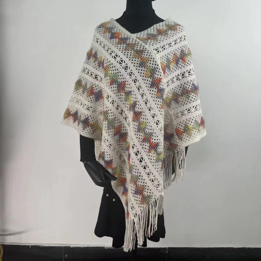 

Модный вязаный пуловер в этническом стиле, шаль, зимняя теплая элегантная полосатая шаль с кисточками, вязаная накидка, женская мода