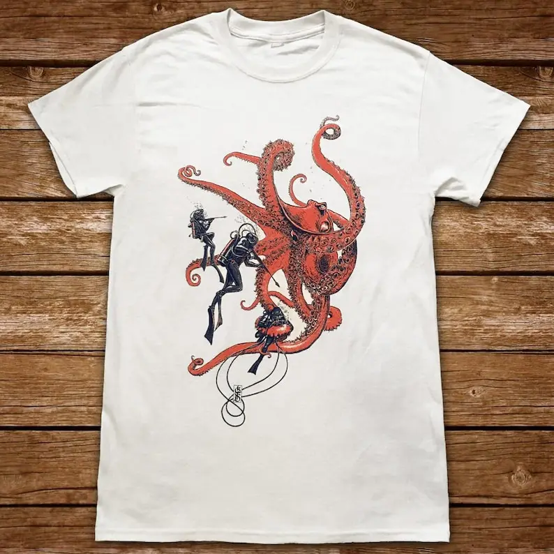 Kraken mens scifi T shirt - Monster octopus squid creature & SCUBA divers - deep sea Lovecraftian horror