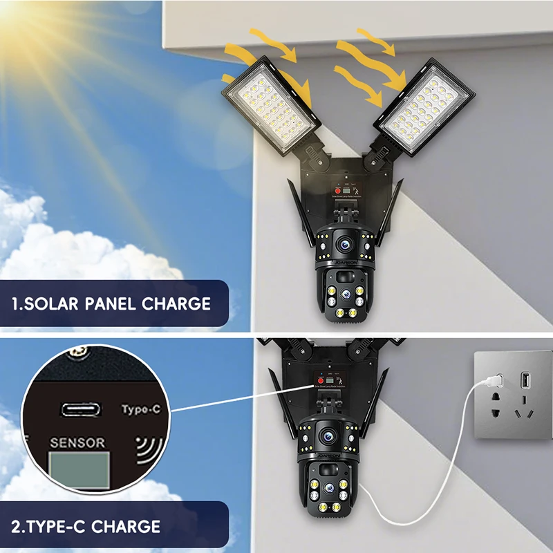 Outdoor 4G WiFi Solar PTZ Security Camera 3‑Lens LED Street Light CCTV Camera 6MP IP66 Two‑Way Audio Human Motion Detection
