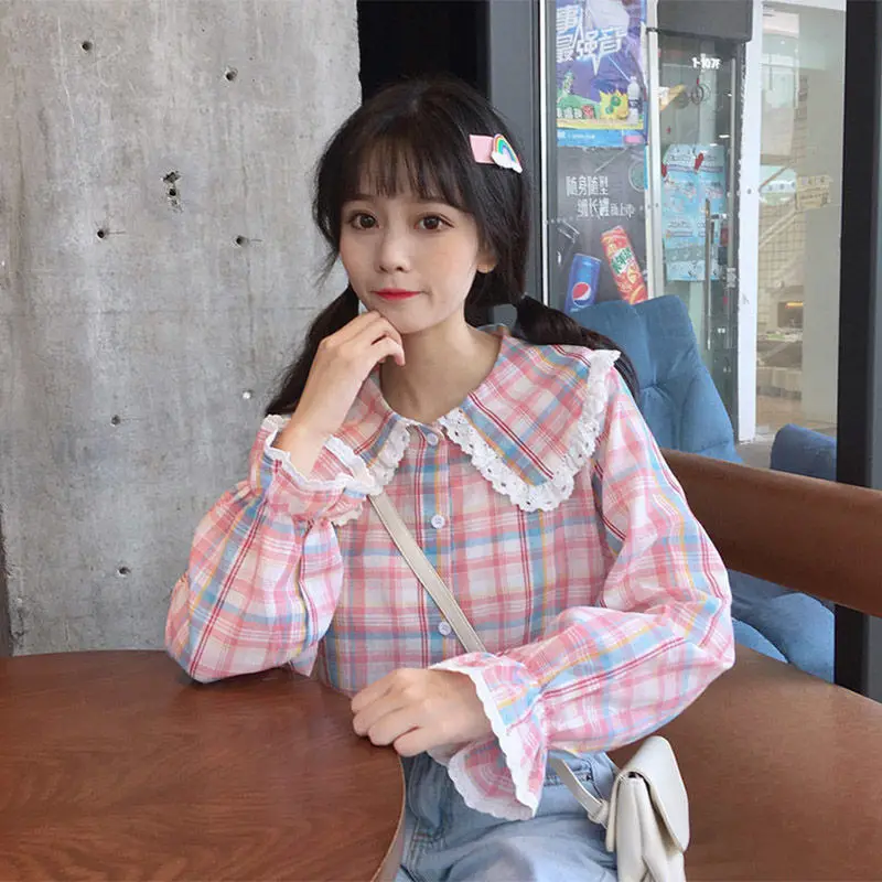 Japanisches langärmliges kariertes Hemd aus Baumwollleinen für Damen, lockeres Studentenhemd im neuen Stil, kleines, frisches und süßes Oberteil