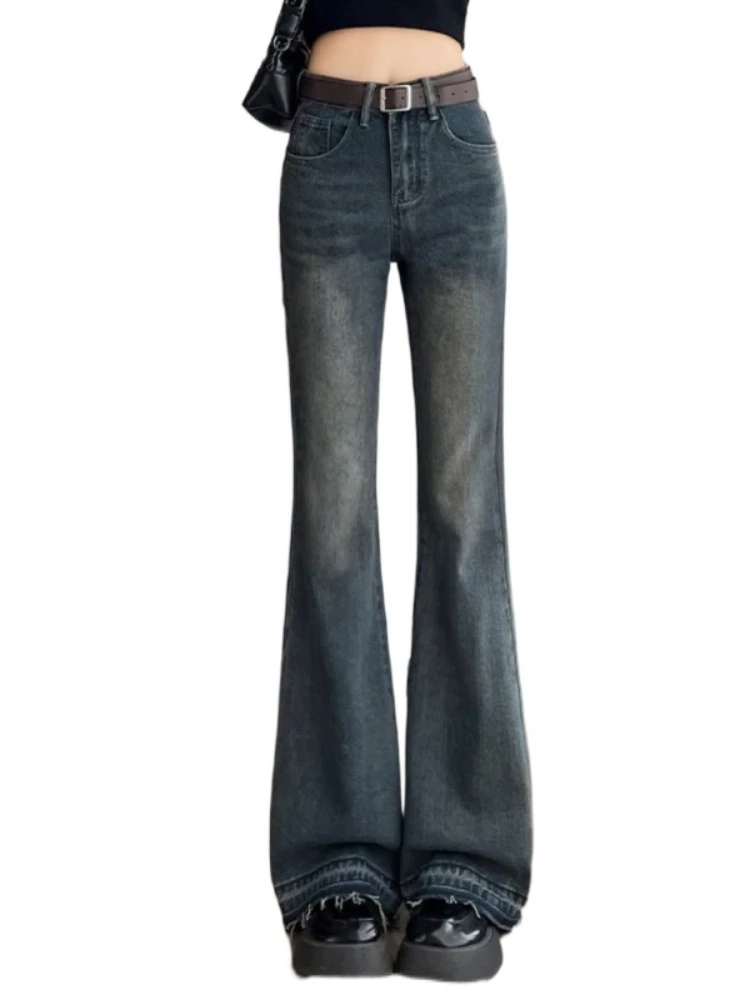 

2024 New Vintage Flare Jeans Women Korean Slim High-Rise Versatile Stretch High Waist Horseshoe Pants Y2k Retro Blue Trousers