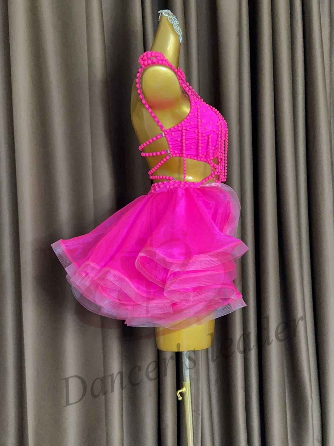 Latin Dance Adult Children's Dress AB Diamond High-End Custom Rose Red Mesh Skirt Precisely Tango Women's Clothing view 3
