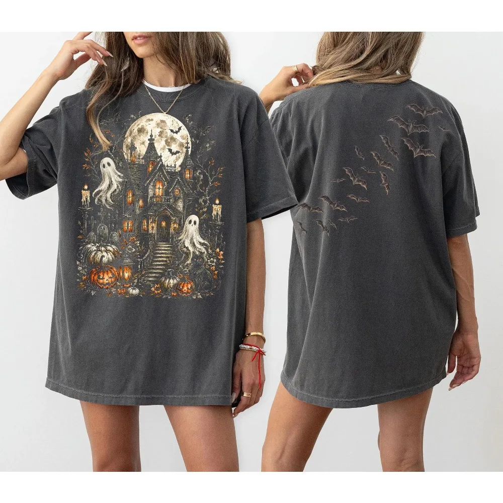 Haunted House Ghost Bat Double Sided Print TShirt Women Vintage Halloween Graveyard Pumpkin Graphic Tee Spooky Season Party Tops
