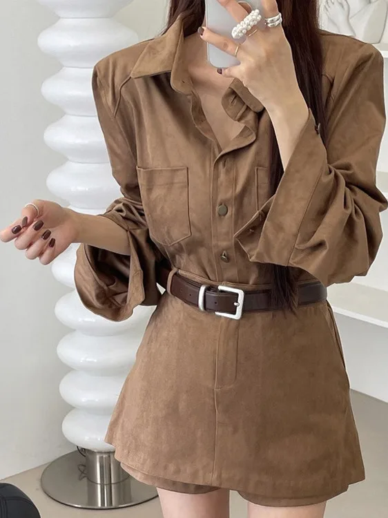 

Korean Style Women's Vintage Workwear Shirt And Skirt Set Long Sleeve Chic Half Body Short Skirt Two Piece Suit Autumn Fashion