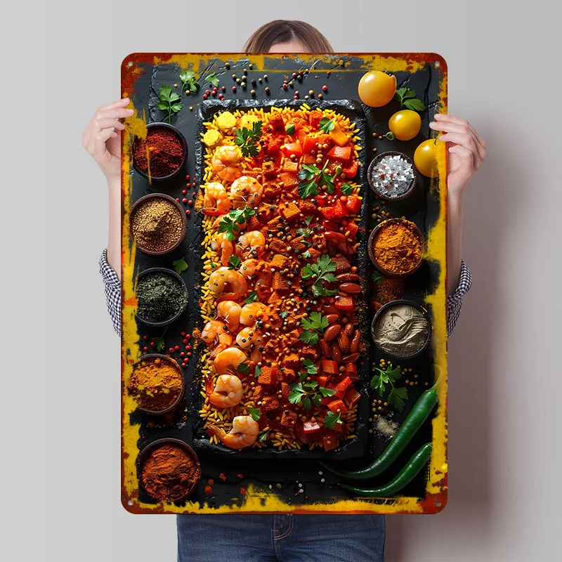 Póster de Paella de Camarones y Verduras en Lata, Arte de Pared Personalizado, Letreros Metálicos Vintage Retro para Decoración del Hogar, Sala de Estar