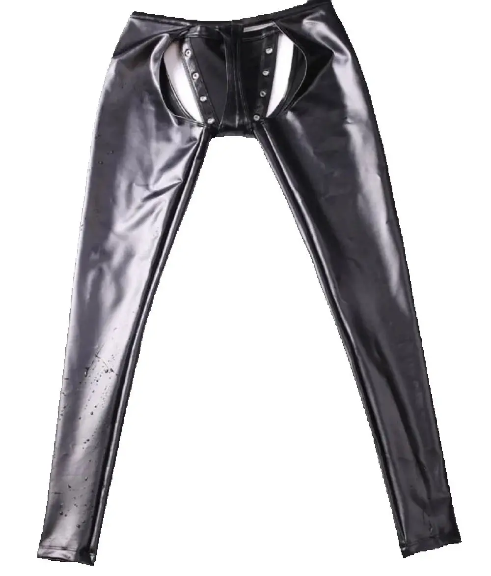 Mens Rivet Faux Leather Cut Out Leggings Wet Look Crotchless Skinny Pants Stretch PU Trousers Nightclub Stage Dance Club Costume