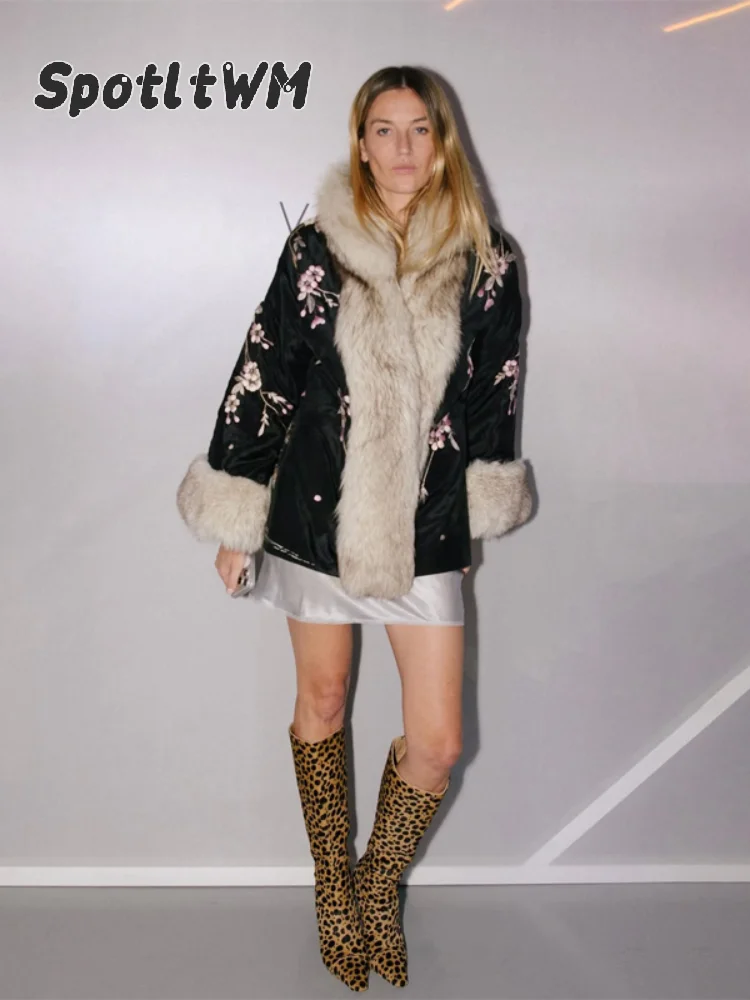 Floral Faux Fur Trim Coat Loose Lapel Long Sleeve  Printed Warm Outerwear Casual Overcoat 2026 Winter Daily Street Outfits