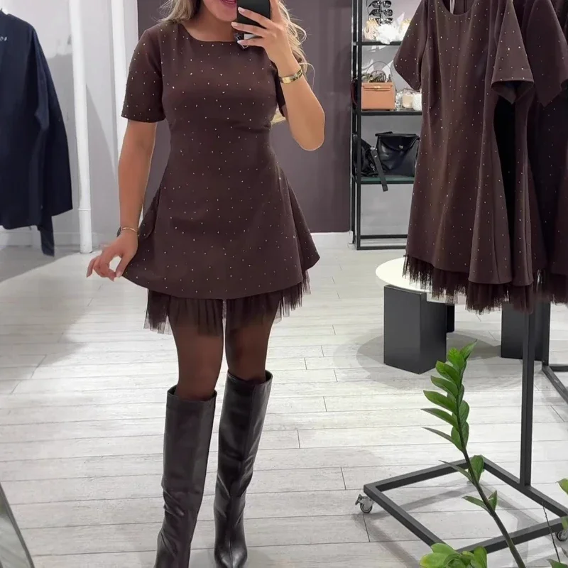 

Women's Clothing 2025 New Round Neck Short-sleeved Hot Diamond Slim-fitting Lace Edge Dress