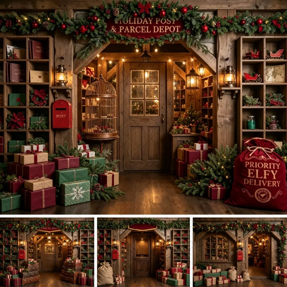 Christmas Post House Photo Backdrop Holiday Parcel Depot Gift Mailbox Scene for Family Holiday Portrait Studio Photo Background