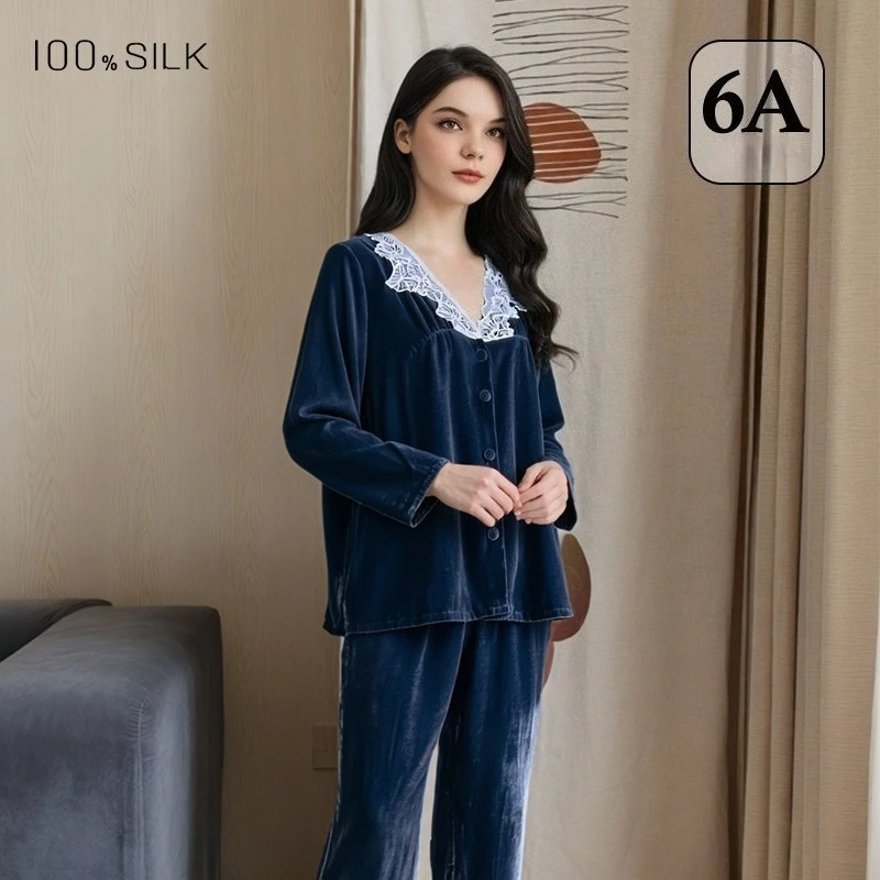 2026 Autumn Winter Women's New Silk Pajamas Set Mulberry Silk Velvet Long Sleeve Top Trousers Comfortable Lounge Wear XXL Size