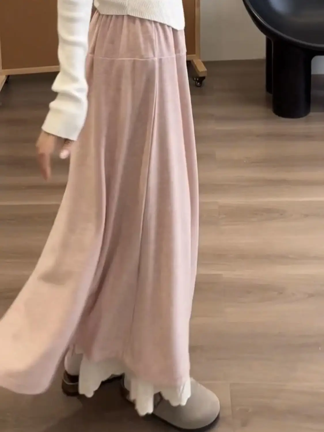 กระโปรงกางเกงดีไซน์ลูกไม้ปะติดปะต่อสำหรับฤดูใบไม้ร่วงและฤดูหนาว เอวสูง ยางยืด สไตล์ลำลอง ความยาวระดับกลาง สไตล์เกาหลี ขากว้าง ชุดสองชิ้น