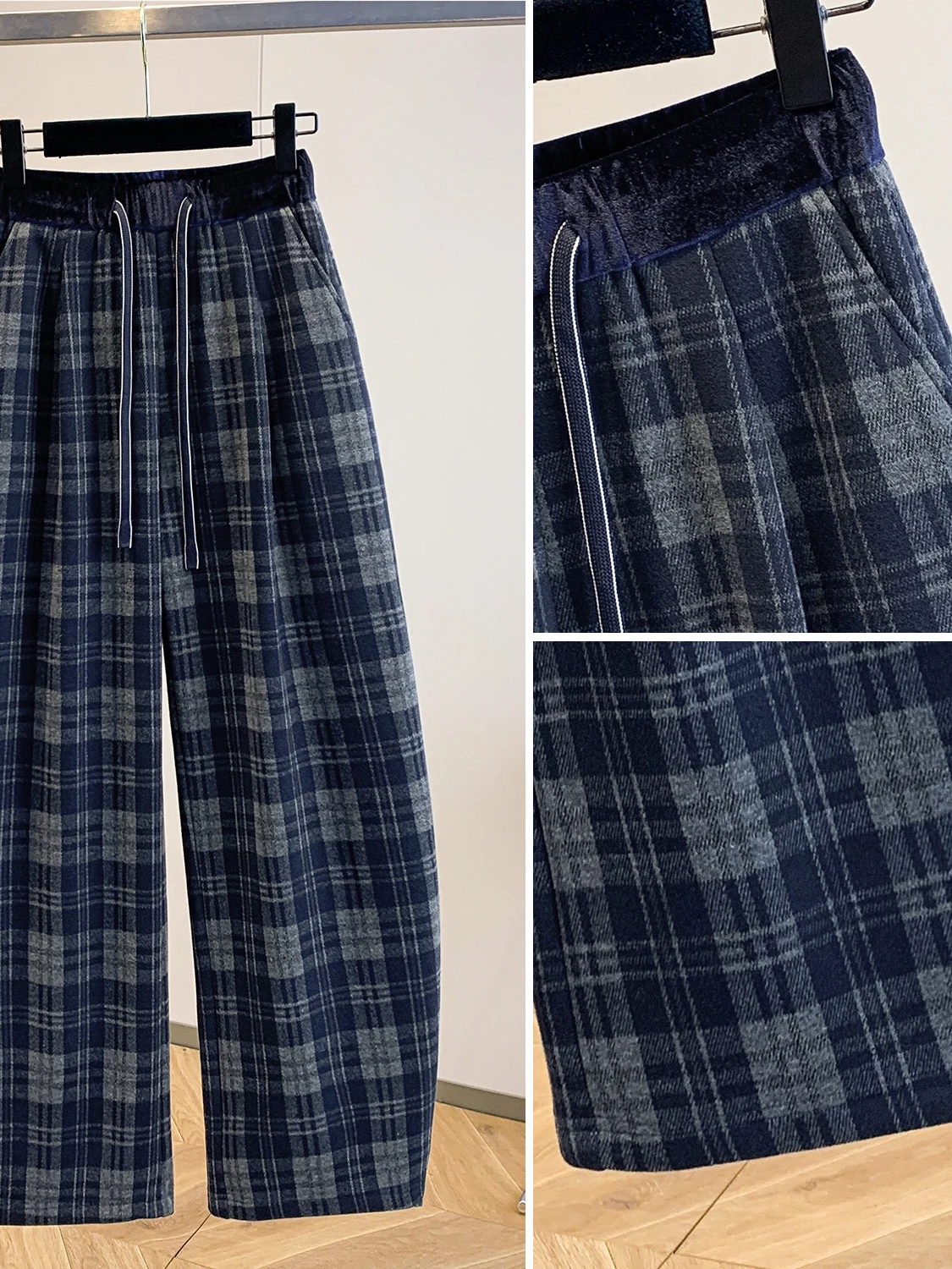 

Женские свободные вязаные широкие брюки большого размера в стиле ретро, повседневные брюки с эластичной резинкой на талии, клетчатые тканые утягивающие длинные брюки...