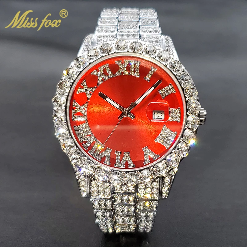 Waterproof Quartz Watch For Men Women Luxury Hip Hop Street Red Green Blue Dial Diamond Watches Power By Battery Unisex Gift