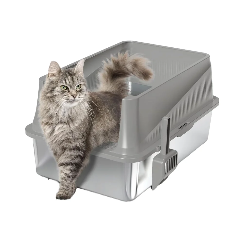 Enclosed Square Stainless Steel Cat Litter Box Lid 3.7kg Extra Large 20L Capacity Eco-Friendly High Sided Never Absorbs