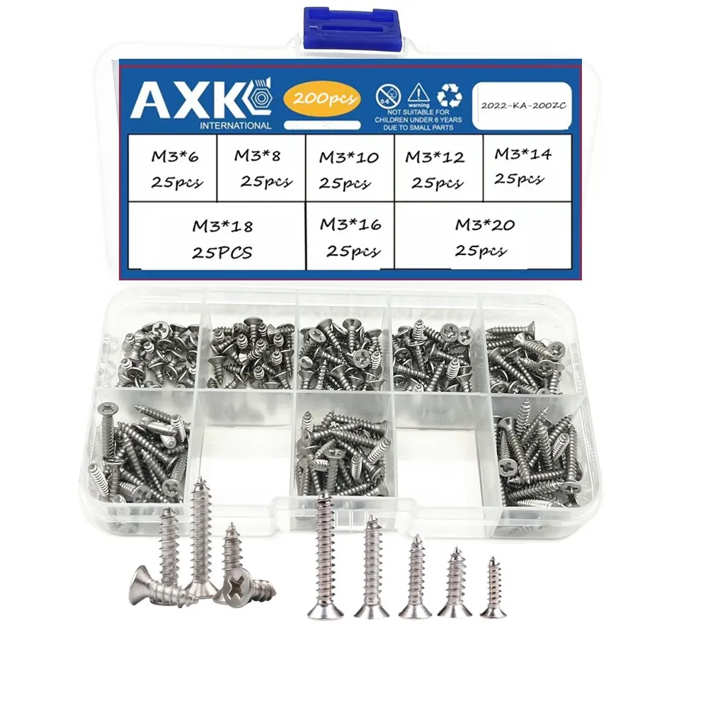 200pcs/set Countersunk flat head tapping screws with cross recessed M3 Screws Screw Stainless Steel Wood Screws