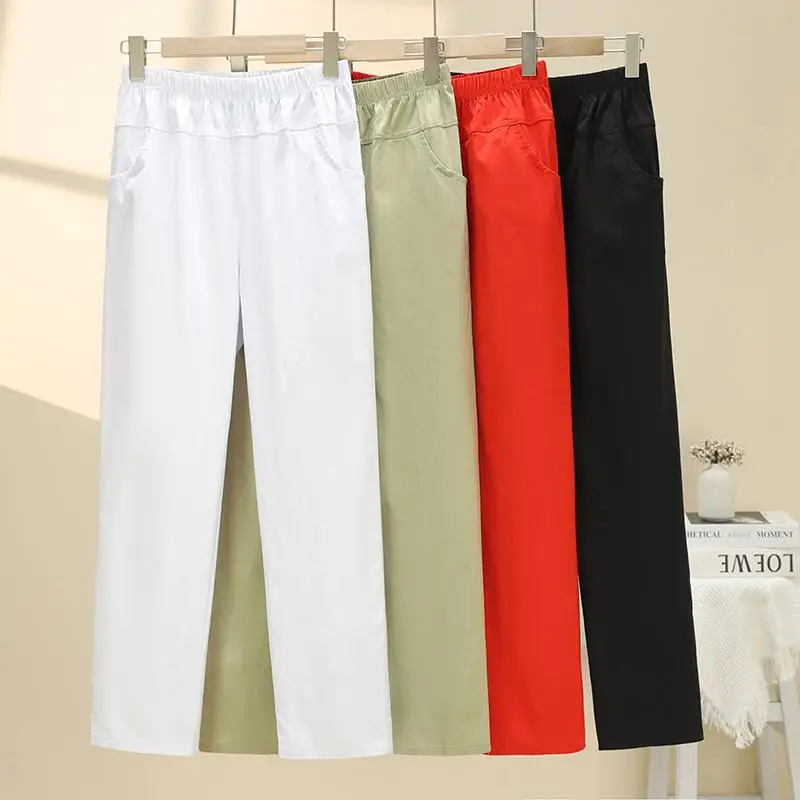 

Летние повседневные брюки больших размеров с высокой талией, тонкие, эластичные, для женщин больших размеров, удобные, свободного кроя, укороченные, из смесового хлопка