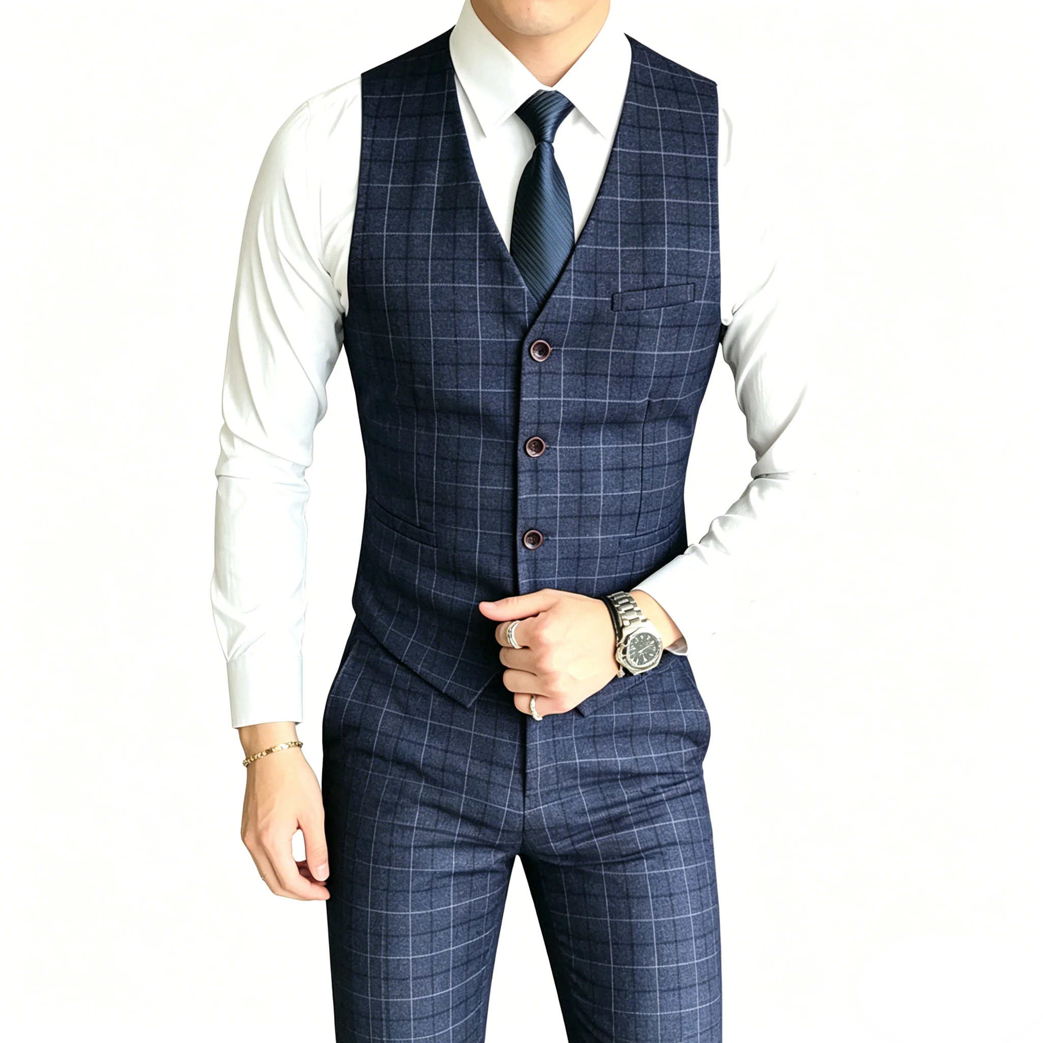 ( Vest + Pants ) 2Pce Set Mens Fashion Plaid Slim Casual Business Suit Vest Pants Groom Wedding Dress Formal Waist Coat Trousers