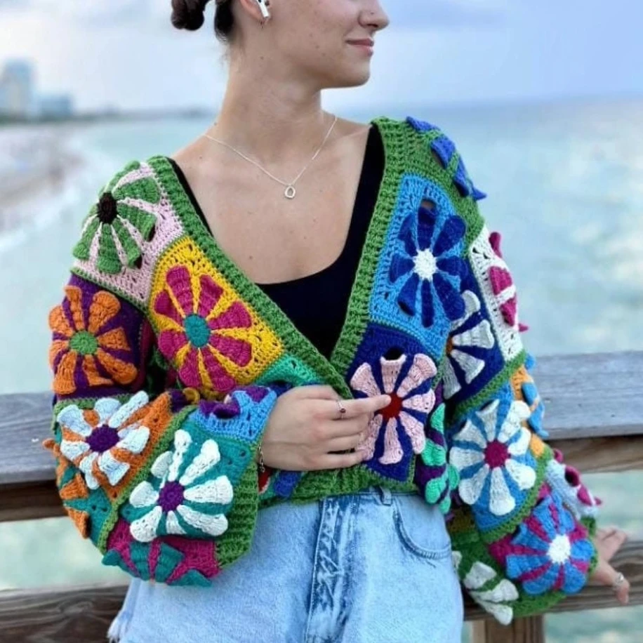 Boho Beach Outwear Handmade knitted Crochet Sweaters Cardigan Women Floral Cotton Long Sleeve Oversize Autumn Warm Sweater Coats