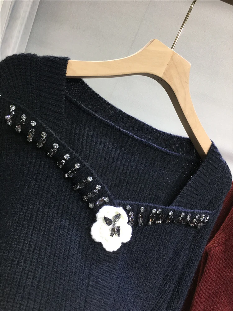 Fashion Lady Beads Diamonds Female Sweater New Autumn Winter Square Collar Short Knitted Cardigans Top Elegant Women Knit Shirts