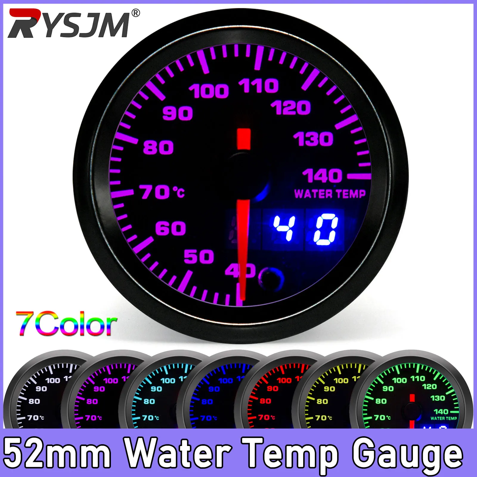 52mm Water Temp Gauge High Speed Stepper Motor 7 Colors LED Dual Display Racing Auto Water Temperature Meter 40-140 Celsius