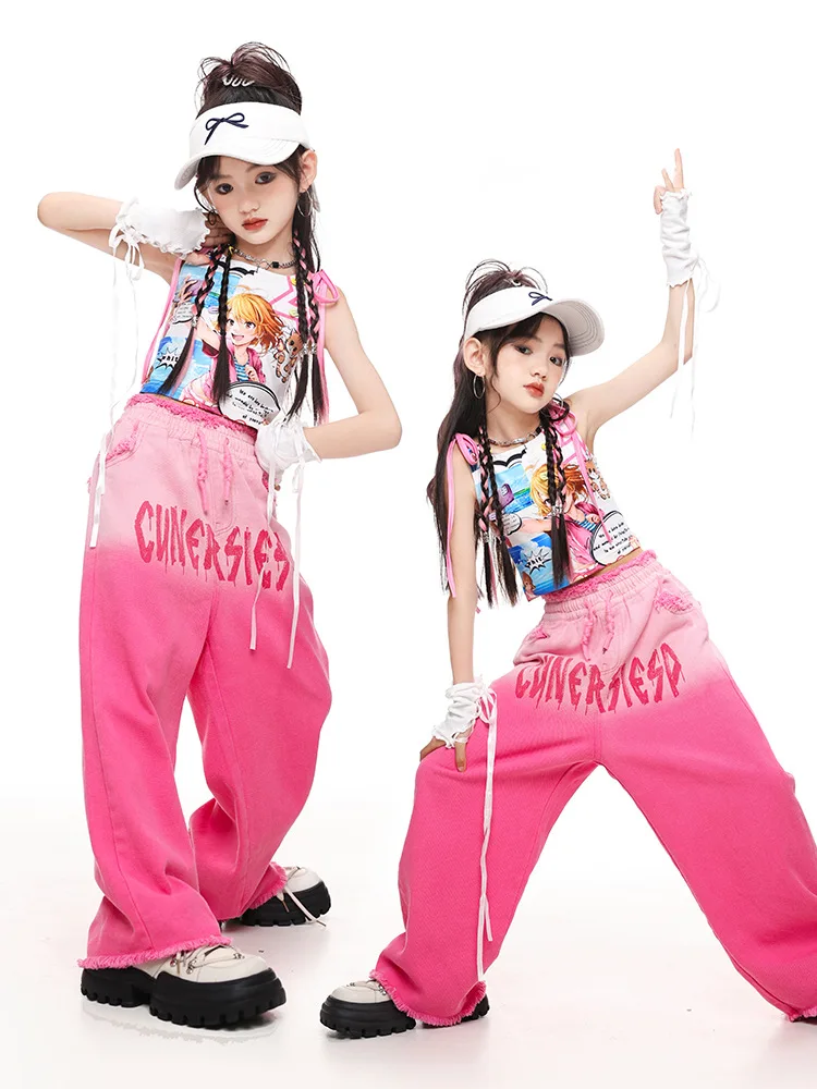 Abbigliamento hip-hop Kpop carino per bambini Canotta corta in pizzo con stampa bianca Pantaloni con orlo grezzo sfumato rosa per abiti da ballo di strada per ragazza