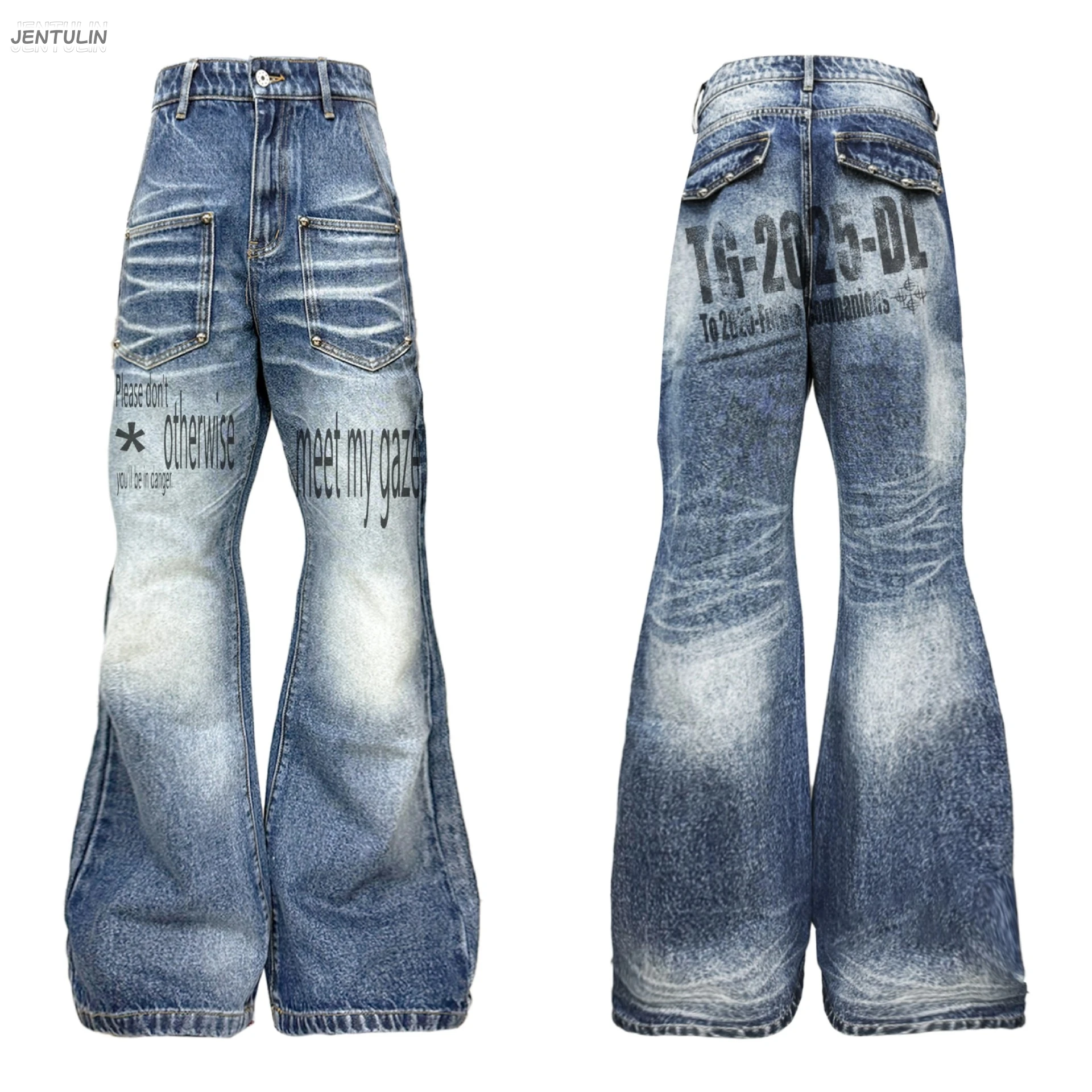 Y2K Wide Leg 2026 New Men Multi Rivet Front Pocket Blue Denim Pants Letter Graphic  Baggy Jeans Retro Streetwear Grunge Trousers