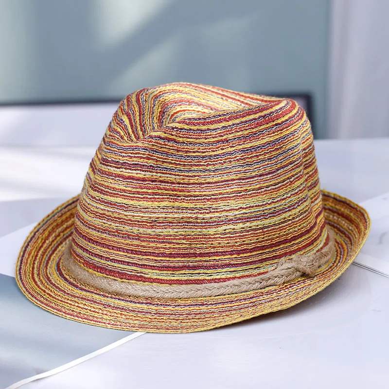 2022 NEW Natural Panama Soft Shaped Straw Hat Summer Women sun hats Men Beach Sun Cap UV Protection straw Felt hat rainbow  cap