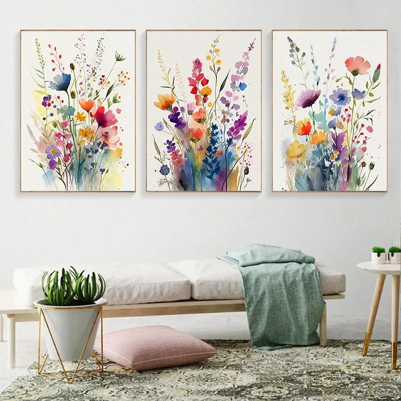 Set of 3 Wildflowers Watercolour Poster Flower Set Print Decorative Canvas Painting Bedroom Living Room Frameless Wall Art