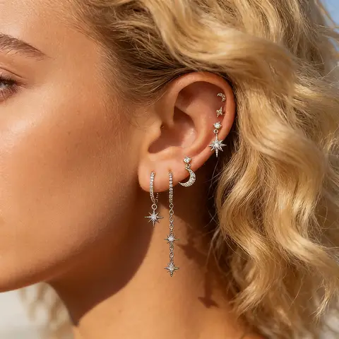 Długie kolczyki wiszące z gwiazdą, damskie kolczyki z cyrkonią sześcienną, kolczyki z zawieszką w kształcie księżyca, zestaw biżuterii codziennej dla kobiet, dodatek.