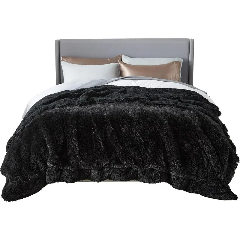 Home. Manta tamaño King negra esponjosa para cama, ropa de cama gruesa y suave de piel sintética de Sherpa, felpa peluda, cálida, pesada, de gran tamaño para invierno