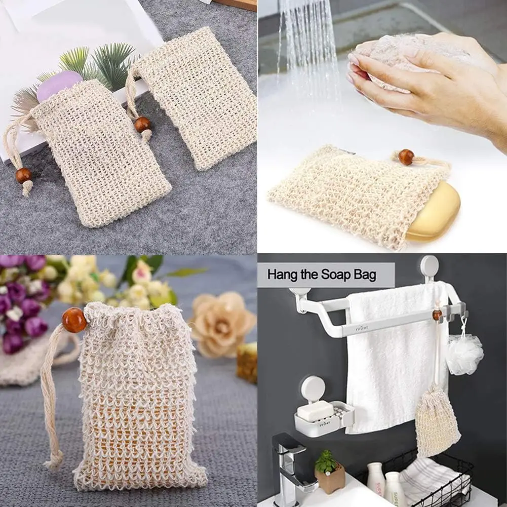 Soap Bag, Natural Sisal Soap Saver Bag Pouch Mesh Net Waste Plastic-free Exfoliating Foaming and Drying Soap Holder for Shower