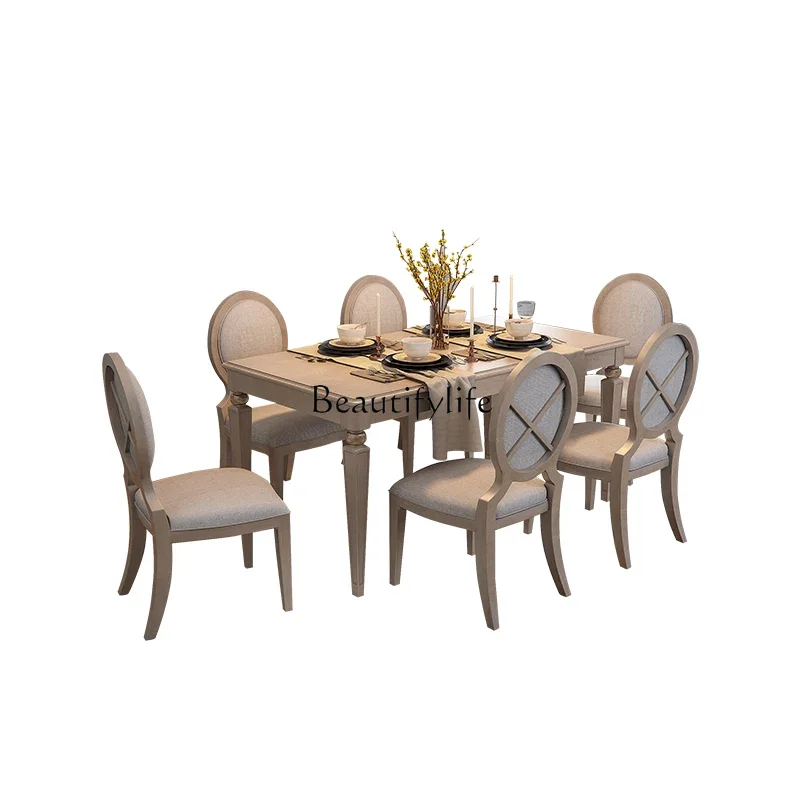 

ls 35 American solid wood dining table and chair combination light luxury rural dining table