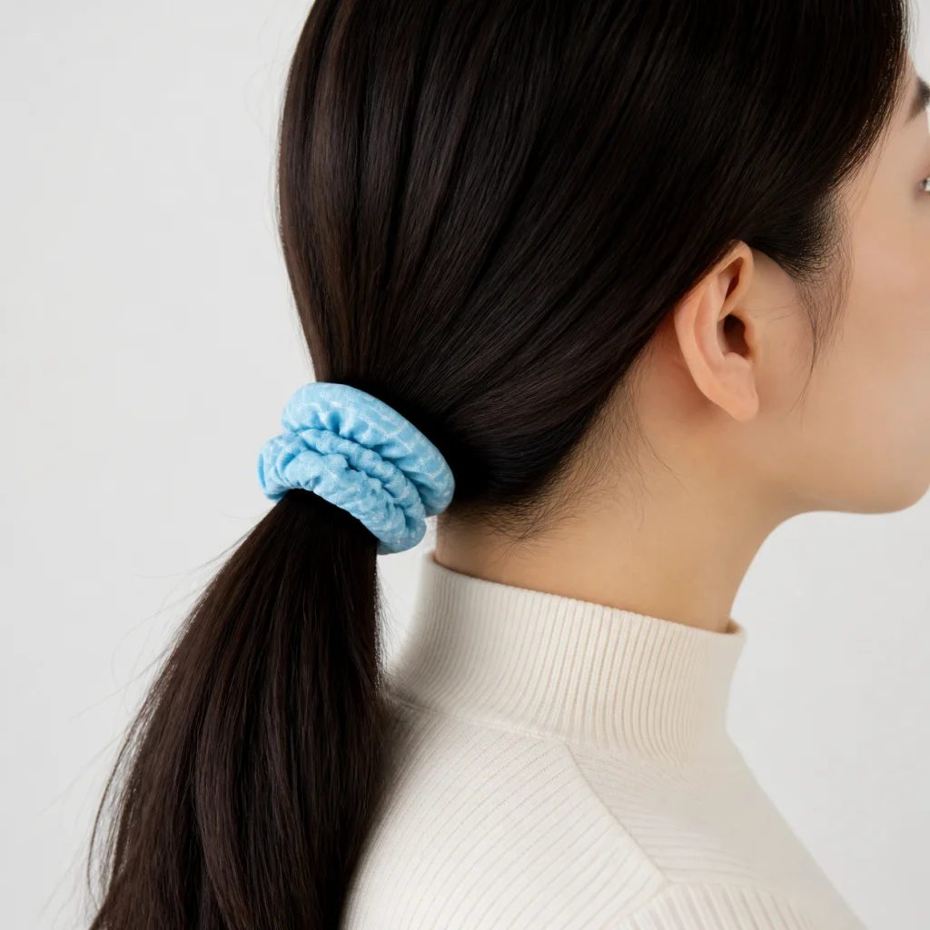 Aqua Blue Pinstripe Single-Layer Scrunchie Handmade Oversized Hair Tie 2