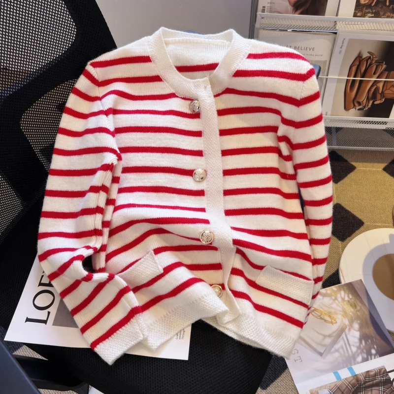 

Women Red Clothing Vintage Knitting Sweater Contrasting Colors Long Sleeve Cardigan Fashion Baggy Female Winter NEW Stripe Tops