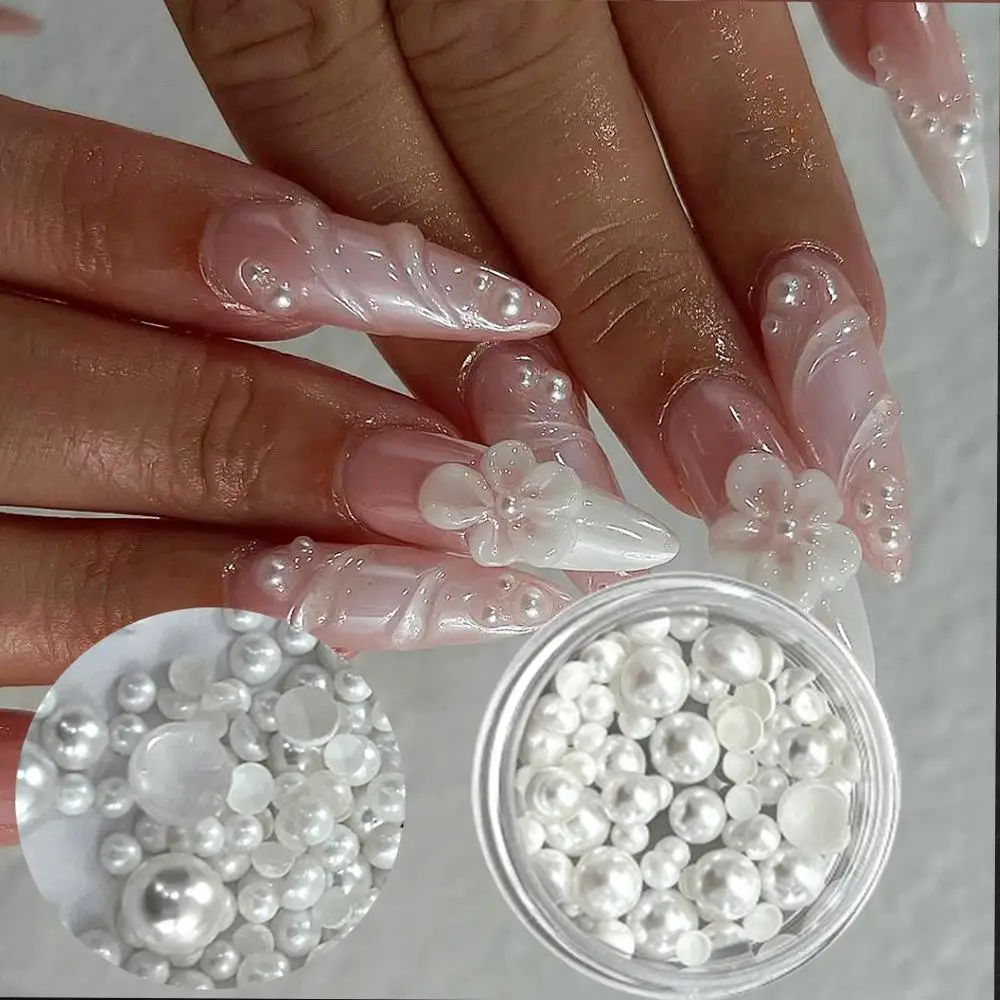 1 boîte de breloques 3D demi-rondes en perles pour ongles, multi-tailles, perles blanches à dos plat, décorations pour Nail Art, bricolage artisanat, accessoires de manucure