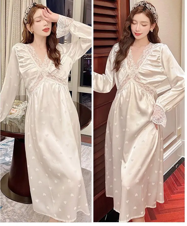 Women Sweet Long Sleeve Nightdress Sexy Patchwork Lace V-neck Nightgown Sleepwear French Court Style Satin Home Dress Loungewear