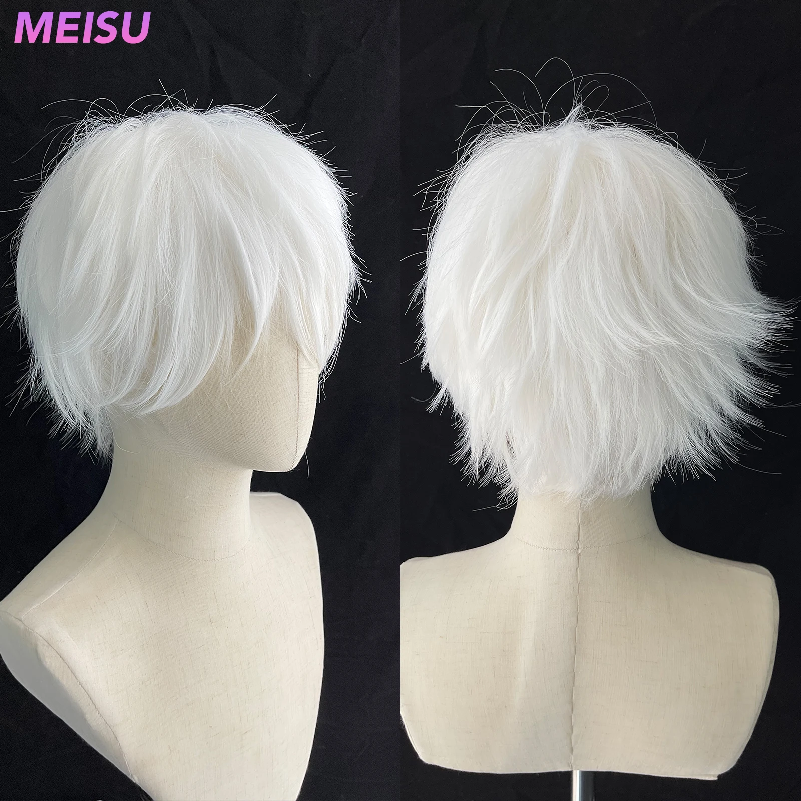 

MEISU 12-дюймовые синтетические белые короткие мужские парики с челкой, новая мода, термостойкие натуральные мягкие парики из волокна для мужчин, повседневного использования