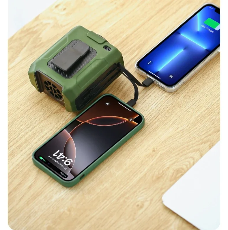 مروحة محمولة بمشبك خصر، مبردات مكيف هواء قابلة لإعادة الشحن، 5 سرعات قابلة للتعديل، مروحة تبريد خارجية مع مصابيح كاشفة LED