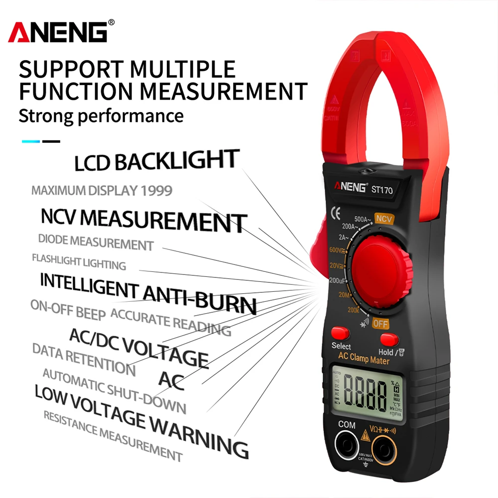 ANENG ST170 pinza amperometrica multimetro digitale 500A AC corrente AC/DC Tester di tensione 1999 conteggi Hz capacità NCV Ohm diodo Test