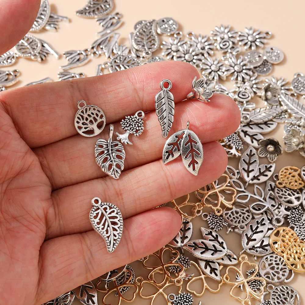 Leslie 50 Stück silberfarbene Metall-Anhänger mit Baumblatt- und Blumenmotiv, passend für DIY-Schmuckherstellung, Halsketten, Legierungsarmbänder, handgefertigtes Kunsthandwerk – Detail 4