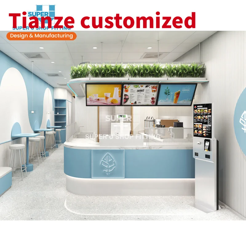 

(customized)Trendy Style Fashion Boba Tea Shop Decoration Custom Blue Marble Shop Counter Furniture Bubble Tea Shop Design