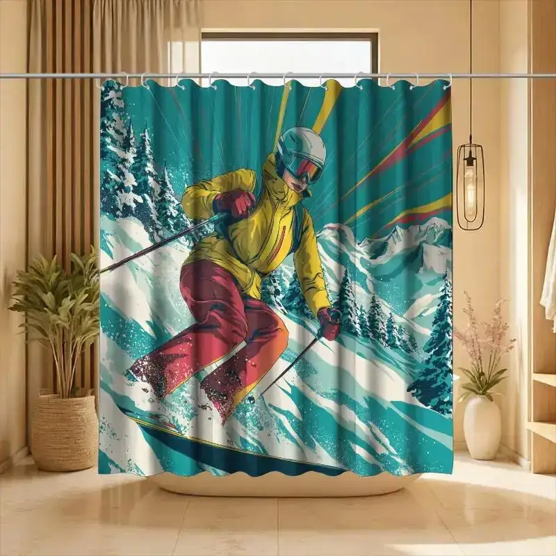 Dynamic Skiing Illustration Shower Curtain – Alpine Adventure Art, Yellow Jacket Skier, 12 Hooks, Waterproof Sport Decor